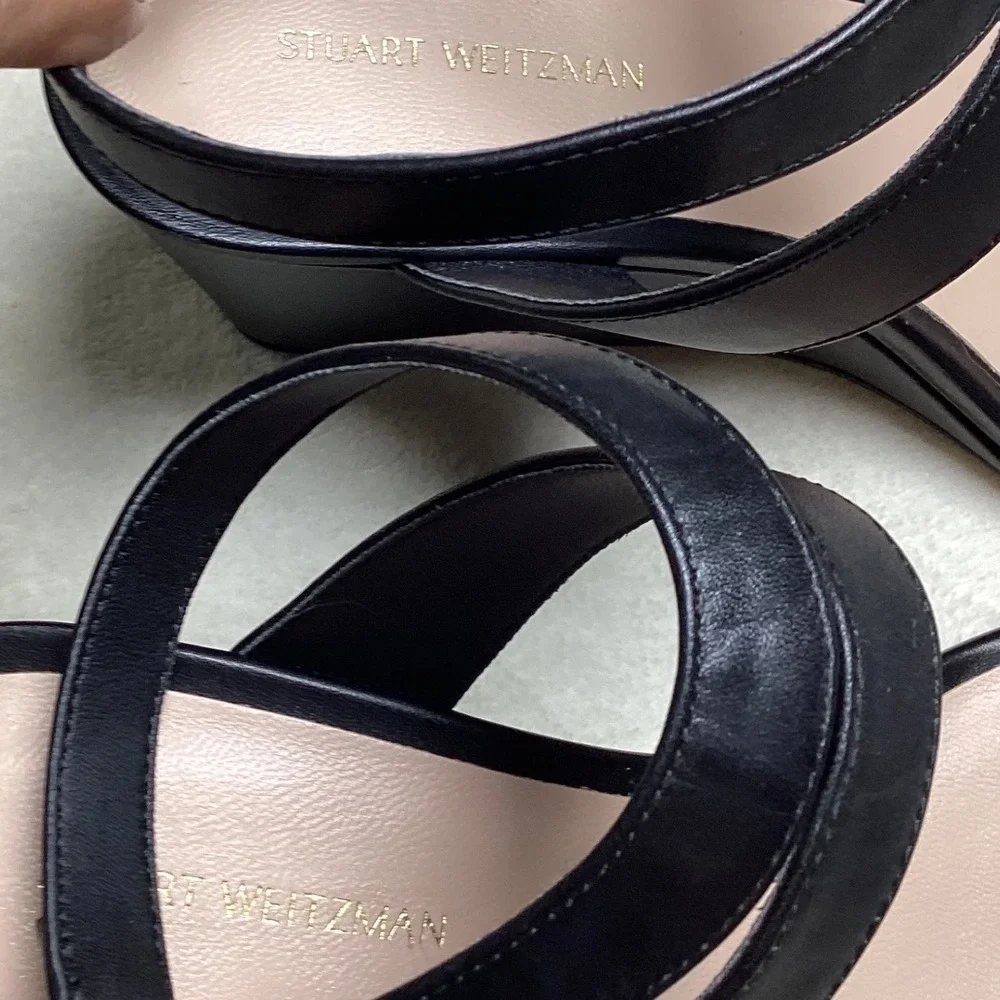 Stuart Weitzman Black Leather Wedge Sandals Ankle Strap SD753120 Women's US 9B